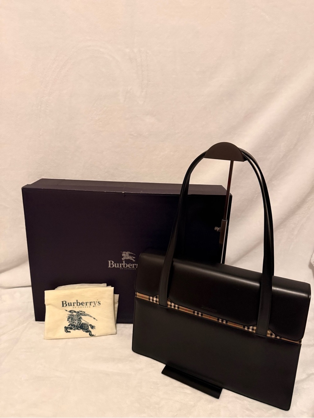 Burberrys Vintage Black Box Leather Flap Bag with Nova Check Trim
